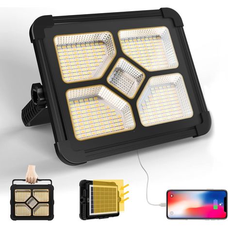 200W Projecteur LED Rechargeable 20000LM, Lumière de Travail Lanterne Portable avec Panneau Solaire, 20600mAh USB Lampe Rechargeable, pour Camping, Chantier, Garage, Atelier, Urgence Panne (1/5)