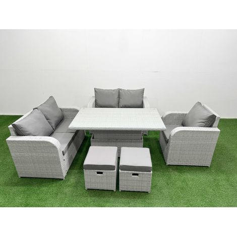 Fimous High Back Poly Rattan Garden Furniture Set with Reclining Chair Loveseat Sofa Adjustable Lifting Dining or Coffee Table Indoor Outdoor Patio Set 2 Stool Light Grey (1/5)