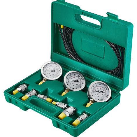 Kit de Test de Pression Hydraulique 250/400/600bar, 3 Manomètres, 6 Raccords, 3 Flexibles, avec Coffret de Transport pour Excavatrice et Engins de Chantier (1/5)