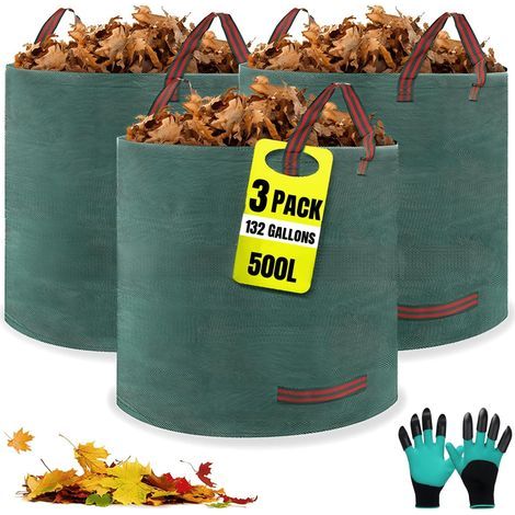 x 500L Garden Bags, Garden Waste Bags Gloves Included, 4 Handles, Freestanding, Waterproof, Durable and Corrosion Resistant Leaf Bag, Suitable for Garden Waste (3x500L) (1/5)