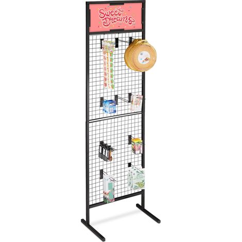 Relaxdays Mostrador de tienda, Panel expositor de rejilla, 10 ganchos, Acero, 21x65,5x44,5 cm, 1 Ud., Negro
