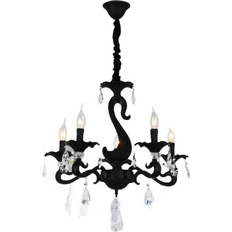Lampadario da soffitto a 5 bracci con pendenti in acrilico lampada sospesa retrò classico attacco e14 Nero (1/2)