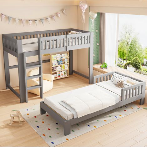 MODFU – Litera infantil modular 90x200 cm de madera con configuraciones múltiples, barandillas altas y 2 somieres de láminas – Gris (1/5)