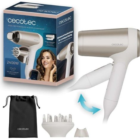 Cecotec Sèche-cheveux Pliable IoniCare Power&Travel Champagne. 2400W, Moteur DC, Technologie d'Ions Réels, Compact, Air Froid