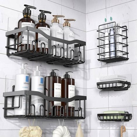 Étagère douche Sans Perçage, 5 Pcs etagere salle de bain avec Porte savon,Crochets,Support Douche Auto-AdhéSif,Noir (1/4)
