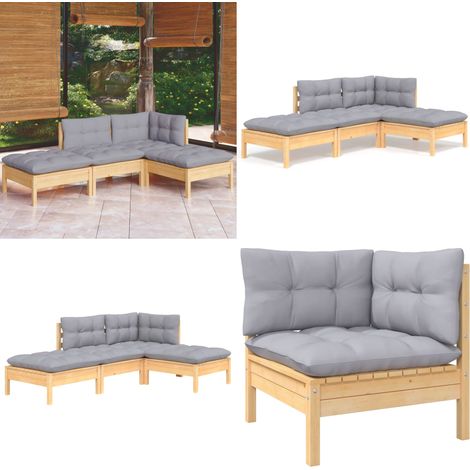 4-tlg. Garten-Lounge-Set mit Grauen Kissen Kiefer Massivholz - Garten Lounge Set - Kiefernholzmöbel - Outdoor Möbel - Gartenmöbel - Loungemöbel - Home & Living