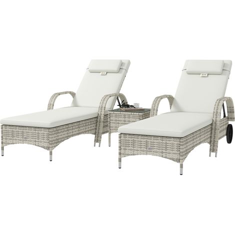 Lot de 2 transats bains de soleil : matelas, têtière, inclinaison réglable roulettes + table basse verre trempé crème