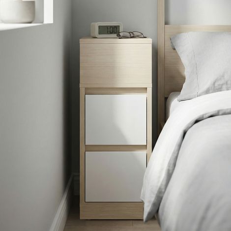 Table de Chevet Étroite, Montage à Gauche ou à Droite, avec 2 Tiroirs, Compartiment Ouvert, pour Chambre, Beige et Blanc (1/5)