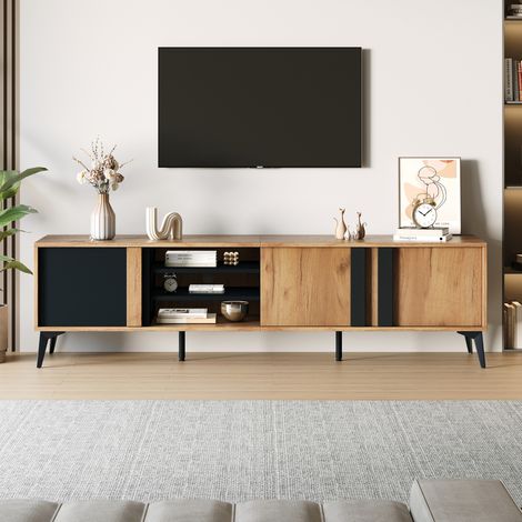 meuble tv rangement 180 cm bois noir rustique 3 portes HAVRYA (1/5)