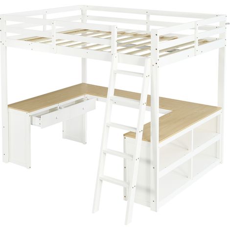 Lit mezzanine pour enfant, bureau long en U, avec deux tiroirs et étagère de rangement, pin + MDF + PB + contreplaqué, sommiers à lattes stables, blanc+naturel, 140x200cm (1/5)