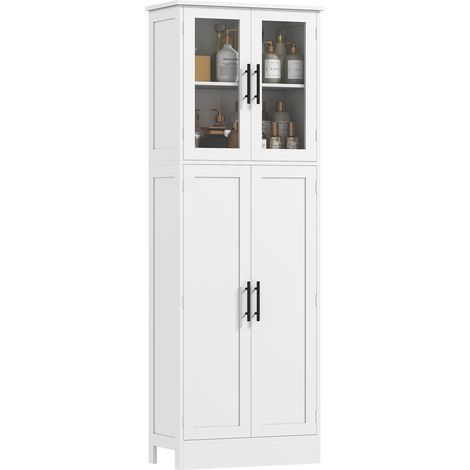 Armoire de salle de bain haute avec étagères réglables, portes en verre et en bois, 60 x 30 x 170 cm, blanche