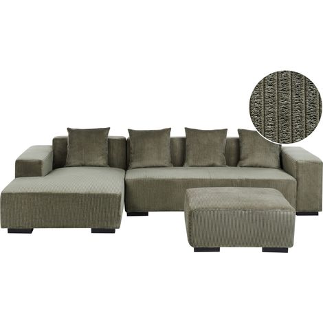 Corner Sofa 4 Seater LUNGO Corduroy Green with Ottoman Right Hand (1/5)