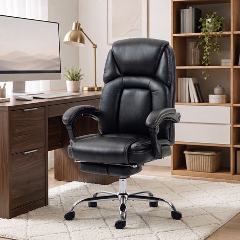 Chaise Bureau Ergonomique, Fauteuil de Bureau Inclinable, Assise rembourrée en PU, Hauteur Réglable, Noir (1/5)