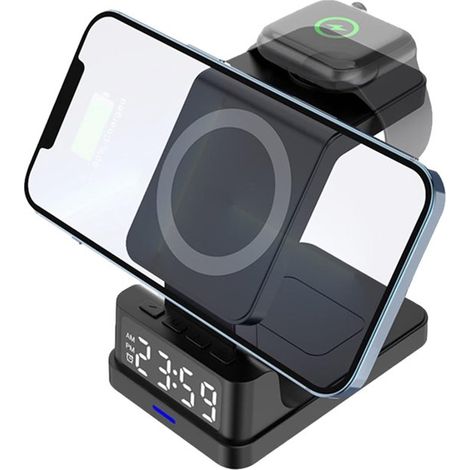 Réveil numérique et station de charge compacte pour téléphone avec affichage de l'heure, idéal pour les voyages, le bureau ou la chambre, noir. (1/5)