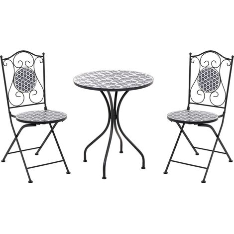 Garden Bistro Set White/Blue Iron Ceramic Mosaic Retro Style Bistro Table and 2 Folding Chairs SIROLO (1/5)