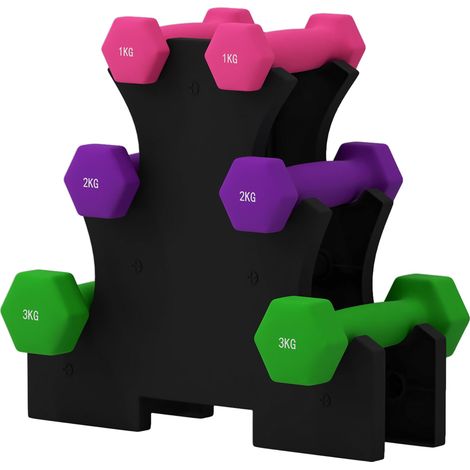 Ensemble d'haltères hexagonales (2 x 1 kg, 2 x 2 kg, 2 x 3 kg) avec support de rangement pour entraînement à domicile, multicolore (1/5)