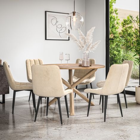 Malvern Round Dining Table And Chairs - Oak Table Top w Solid Oak Legs + Nova Velvet Dining Chair Set Of 6 (Beige) (1/5)