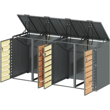 ELVMI Abri Poubelle à Quatre Compartiments avec Couvercle Hydraulique et Portes Verrouillables en Acier Gris Bois (1/5)