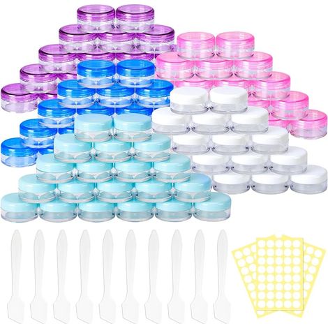 Lot de 100 pots de Crème Vides de 3g/3ml avec Couvercle à Vis, Petits Pots D'échantillons, Bouteille de Voyage, Récipient pour échantillons Liquides, Crèmes en Poudre (Couvercles Colorés) (1/5)