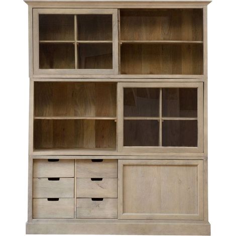 Made In Meubles – Vaisselier en bois de manguier 210x170x44 cm – 16 niches de rangement – Design 100% bois – Portes coulissantes vitrées (1/5)