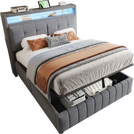 Lit Adulte 140x200 cm en Tissu avec LED Réglable, USB, Étagères et Coffre Hydraulique, sans Matelas Indiqué, Gris (1/5)