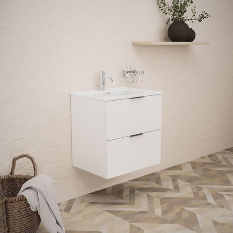 Inda - Badezimmerschrank B.60 mit glänzend/mattweißem Waschbecken 2 Schubladen - Topazio (1/5)