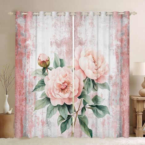 Rideau Occultant 140x260 cm Fleur de Piône Rose,Rideau Fleur de Printemps,Rideaux Voilage Peinture À l'huile Abstraite Aquarelle Floral Rustic Farmhouse,Conception Grise Rose Ombre - 140L X 260H cm (2 (1/5)