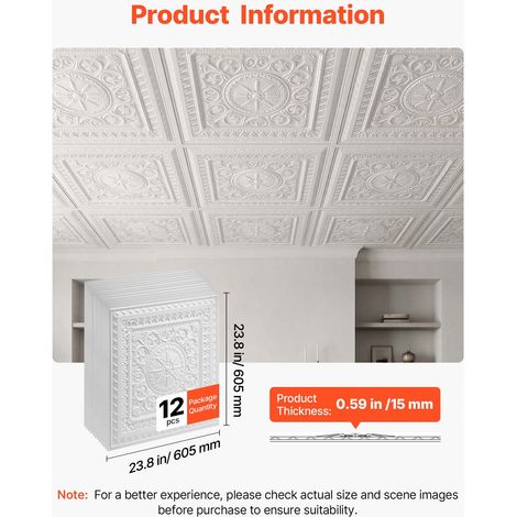 Dalles de Plafond en PVC 605x605 mm Lot de 12, Panneaux de Plafond 3D à Relief Géométrique Blancs pour Faux Plafond, Maison et Bure… (1/5)