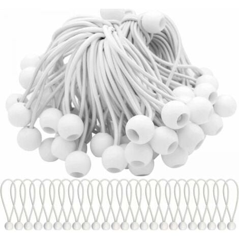 Packung mit 50 weißen elastischen Spannern von 150 mm, elastische Kordel mit Kugel, dehnbare elastische Kugeln für Festzelte, Zelte, Banner und Planen (1/4)