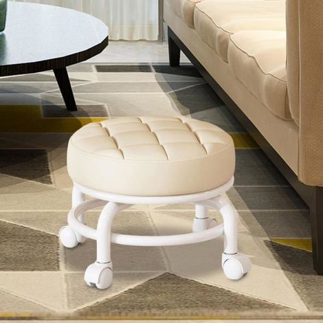 Tabouret À Roulettes - Rotatif 360° - Pour Salon - En Plastique Cuir Éponge - Beige - 1 Pièce (1/5)