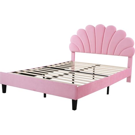 Letto matrimoniale capitonné 140 x 200 cm in velluto rosa con testiera floreale e rete a doghe (1/5)