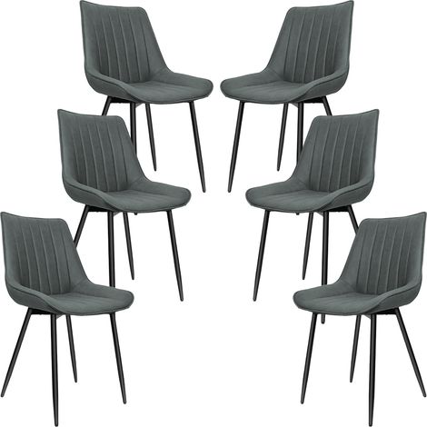 Esszimmerstuhl 6er Set, Polsterstuhl, Metallbeine, Kunstlerder, Gestreifter Stil, Sitzbreite 49 cm, max. 120 kg, für Arbeitszimmer, Wohnzimmer, Schlafzimmer, dunkelgrau (1/5)