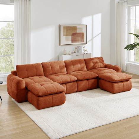 Canapé d'angle modulable en U 4 places avec 2 poufss, sans armature, assise profonde, matelassage quadrillé, sans montage, chenille, orange (1/5)