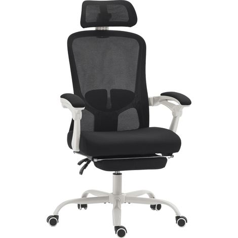 HOMCOM Sedia Scrivania Ergonomica Reclinabile 135° in Rete con Poggiapiedi, Nero (1/5)
