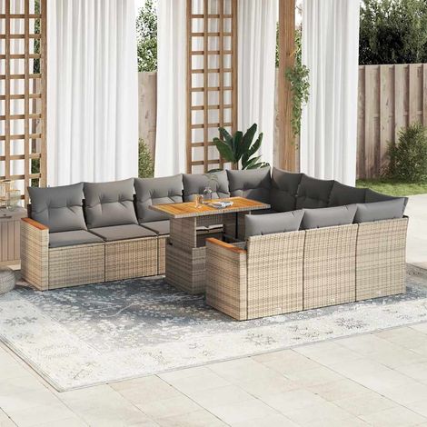 Salon de jardin 11pcs avec coussins beige résine tressée acacia (1/5)