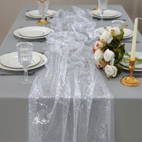Tovaglia scintillante, rotolo decorativo per la tavola, decorazione festiva, lamina lucida, 70 x 300 cm, argento (1/5)