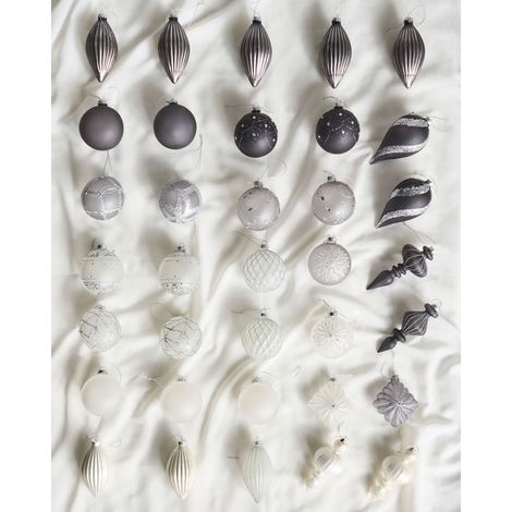 Set of 35 Christmas Baubles Grey Glass Hanging Decor Traditional Style Christmas Balls Holiday Tree FROSTFALL