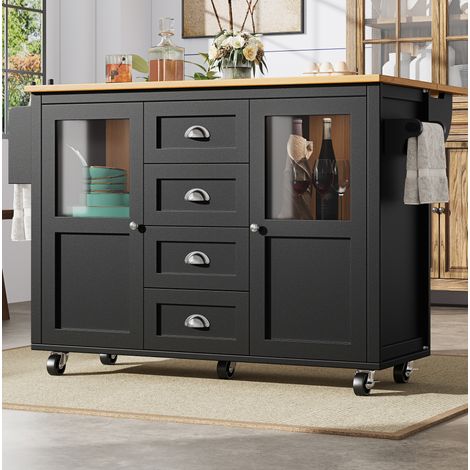 Kücheninsel 137,9x73x92,5 cm Schwarz mit Klapptisch, 4 Schubladen und Rollen (1/5)