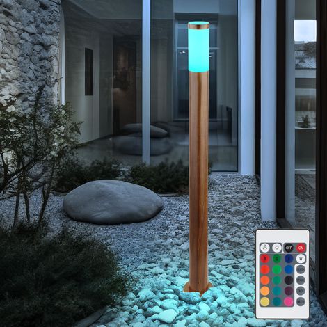 Stehleuchte Außenleuchte Gartenlampe Standleuchte Wegelampe Terrasse IP44, Edelstahl holzoptik, Fernbedienung dimmbar, RGB LED 8,5W 806Lm, DxH 12,7x110 cm