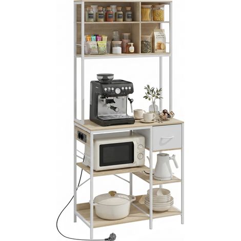 HOMCOM estantería de cocina con enchufes y puertos USB, soporte de microondas, 8 estantes, 6 ganchos, cajón, 80x40x181 cm, roble (1/5)