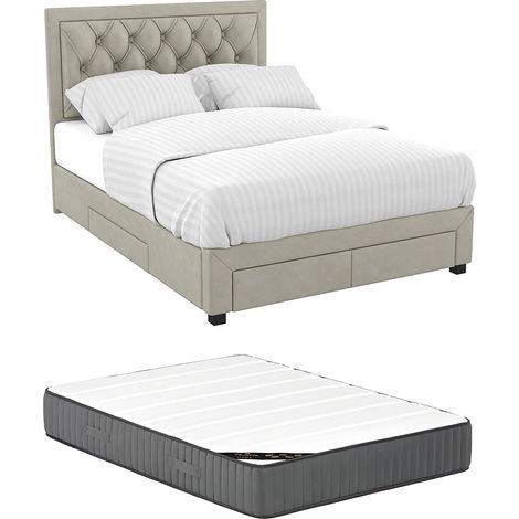Lit avec tiroirs 140 x 190 cm - Tissu velours - Beige + Matelas - LEOPOLD (1/5)