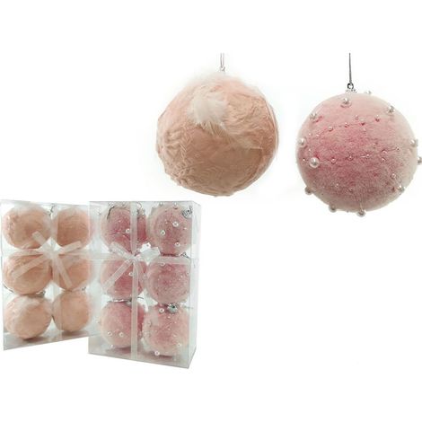 Decorazioni natalizie palline per albero di natale rosa addobbi natalizi set da 12 sfere cm 8 con perle e piume palle (1/5)