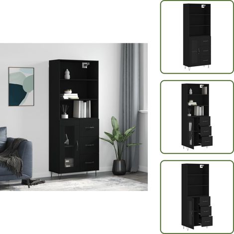 Buffet haut Noir 69,5x34x180 cm Bois d'ingénierie - Buffet Design Moderne - Meuble De Rangement - Armoire Élégante - Mobilier Salon - Commode Noire (1/5)