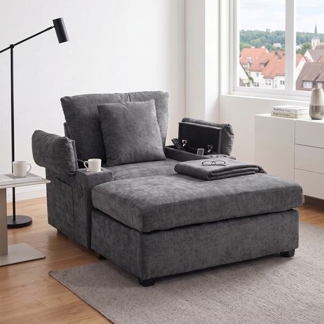 Chaise longue multifonctionnelle gris foncé en chenille avec repose-pieds. Fauteuil inclinable avec rangement caché, port USB et poches latérales, gain de place pour petits salons et bureaux. (1/5)
