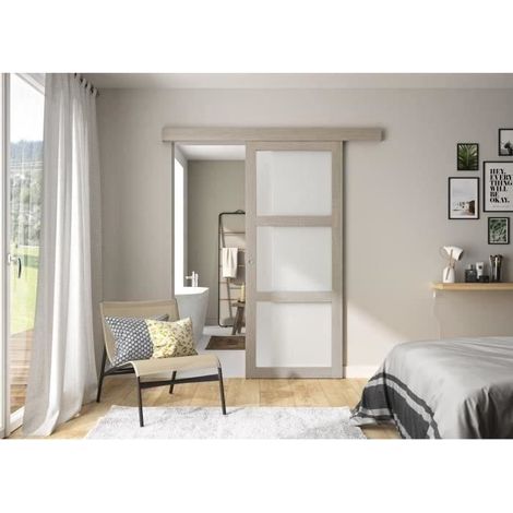 Optimum – Kit porte coulissante 3 carreaux – Rail et bandeau Verone – Dimensions H.204 x L.83 x P.4 cm – Chêne taupe (1/5)