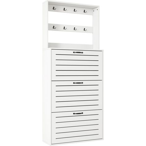 ELVMI Mobile da ingresso con 8 Ganci e 3 Ripiani per Scarpe per Entrata in Pannelli di Truciolato 70 × 25 × 165 cm Bianco (1/4)
