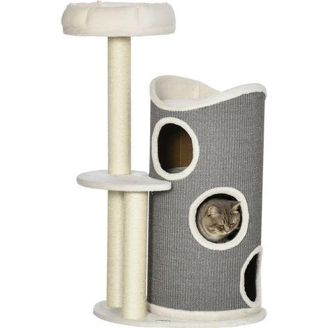 Arbre à chat 60x44,5x109 cm design moderne blanc et gris avec griffoirs sisal et coussin - Équipement confort et jeu pour chats (1/5)