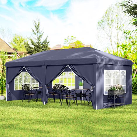 Faltzelt 6x3x2,7 m mit 4 Seitenwänden, 4 Fenstern, 2 Türen, 1 UV-Schutztasche und 12 Abflusslöchern – Blau