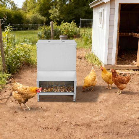Futterautomat Hühner 25 Kg Hühnerfuttertrog Wetterfest Futterspender Geflügel Futterautomat Kaninchen Hase Wachtel Zubehör Futtertrog mit Deckel (1/5)