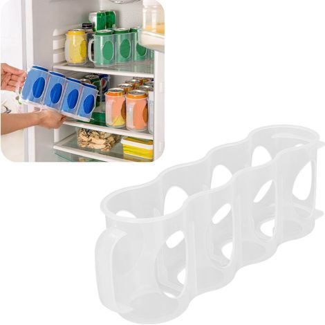Contenitore trasparente riutilizzabile con maniglia per lattine, ideale per frigorifero e dispensa. (1/5)
